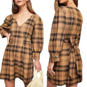 Free People New Size 4 Tan and Black Plaid Linen Blend English Rose Mini Dress